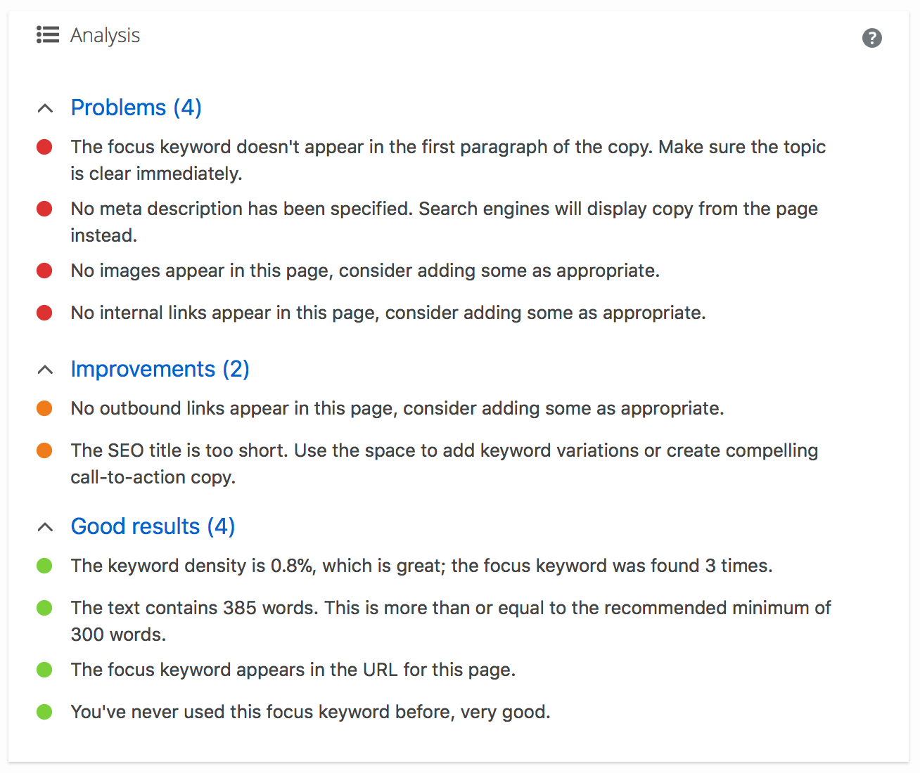 A screenshot of the Yoast SEO analysis window, showing problems, improvements, and good results.