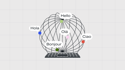 A laptop with speech bubbles saying hello in different languages surrounds a globe-like wireframe, representing WordPress Multilingual capabilities.