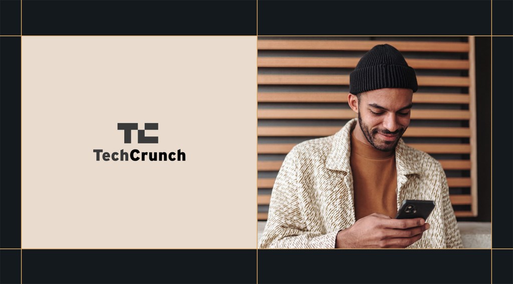 TechCrunch WordPress logo next to a man in a beanie smiling while looking at his phone.