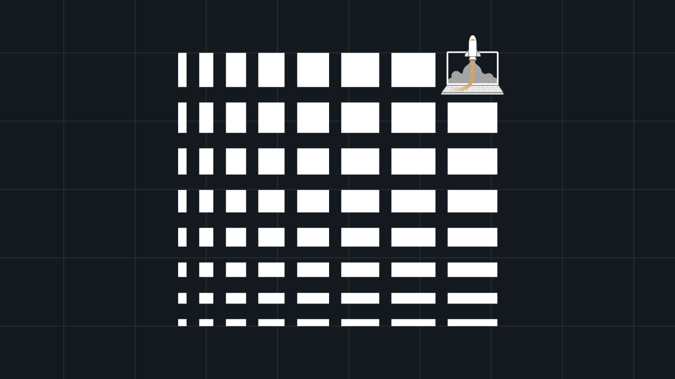 A rocket launching from the top right corner of a grid of horizontal white rectangles on a dark background, symbolizing the dynamic energy and innovation of an enterprise content hub.