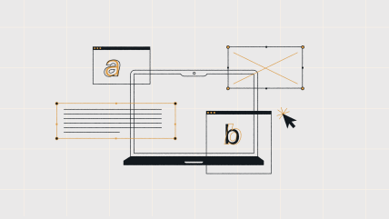 Illustration of a laptop with graphic design elements, text, and shapes surrounding the screen, highlighting wordpress personalization.