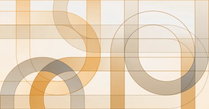 Abstract geometric pattern with overlapping orange, beige, and gray circles and rectangles on a light background.