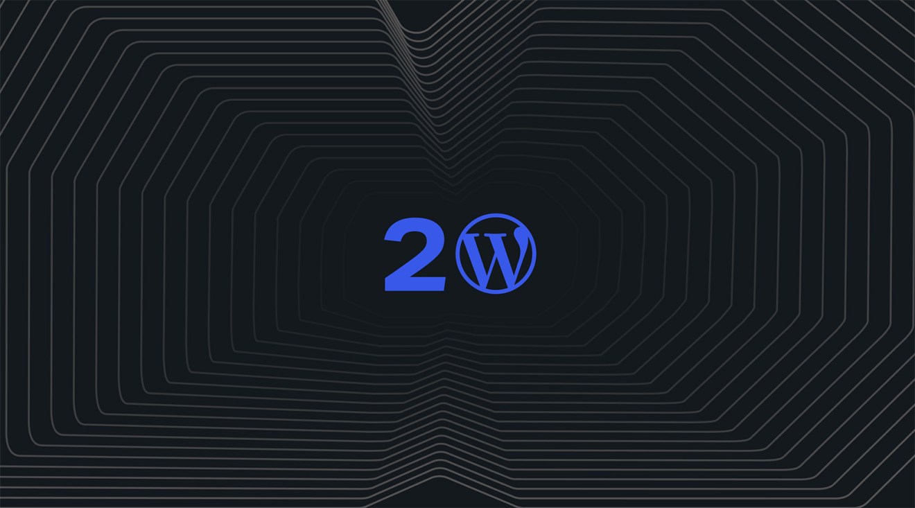 Blue number 20 and WordPress logo centered on a dark, abstract, geometric background with outlined shapes, celebrating the WordPress birthday.