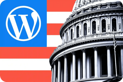 WordPress logo and part of the US Capitol dome over a red and white striped background, highlighting the power of WordPress for government use.