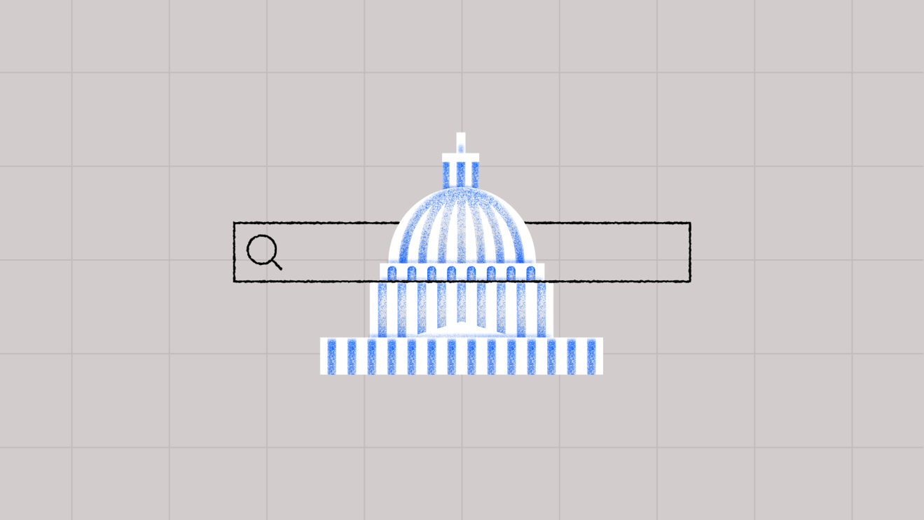A search bar with a magnifying glass icon overlaid on a blue and white U.S. Capitol dome illustration, evoking the architecture of government institutions.