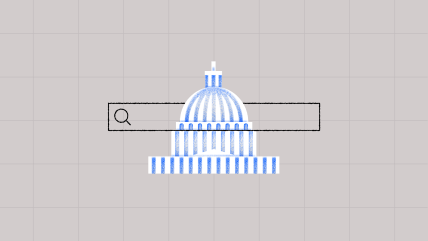 A search bar with a magnifying glass icon overlaid on a blue and white U.S. Capitol dome illustration, evoking the architecture of government institutions.