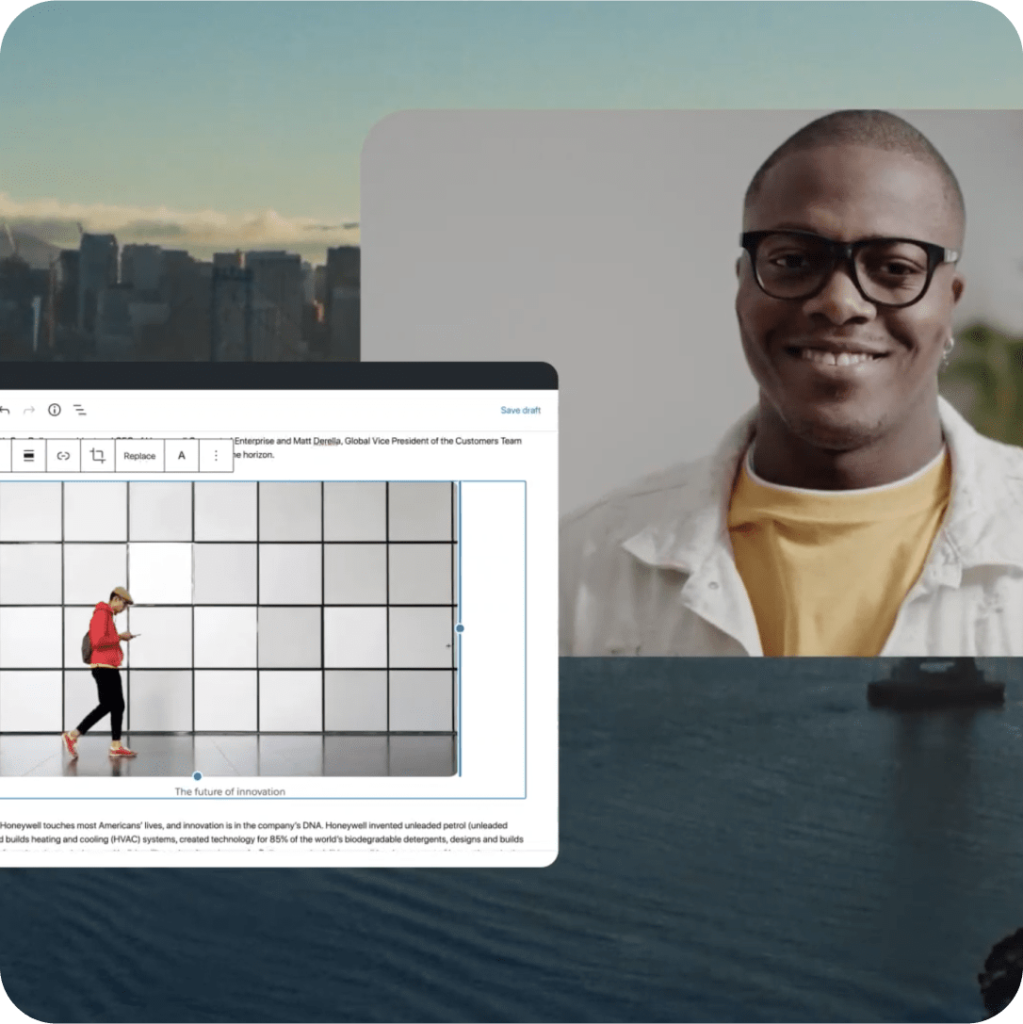 Smiling man in glasses beside a screen with content preview for a digital solution platform.