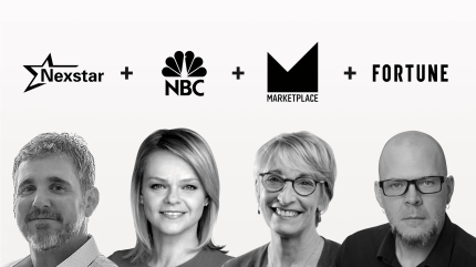 Logos of Nexstar, NBC, Marketplace, and Fortune above headshots of four speakers, representing a webinar panel on digital transformation featuring executives from major media organizations.