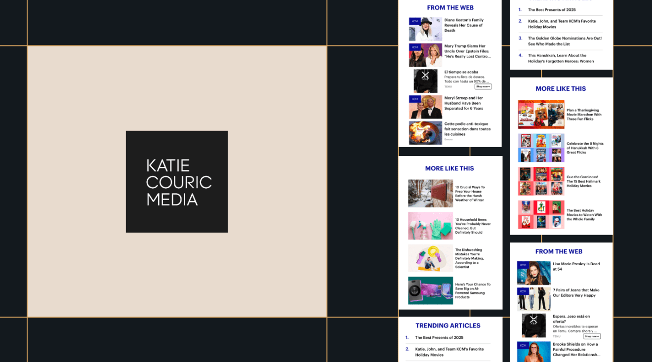 Split layout featuring Katie Couric Media branding and related content modules. On the left, a beige panel displays a black square with the “Katie Couric Media” logo. On the right, stacked website sidebar sections show “From the Web,” “More Like This,” and “Trending Articles,” with thumbnail images and headlines highlighting curated news, lifestyle, shopping, and entertainment content.