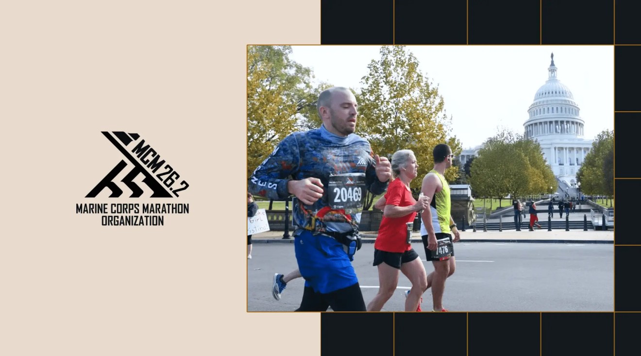 The Marine Corp Marathon logo is featured next to an image of three people running in front of the Capitol building.