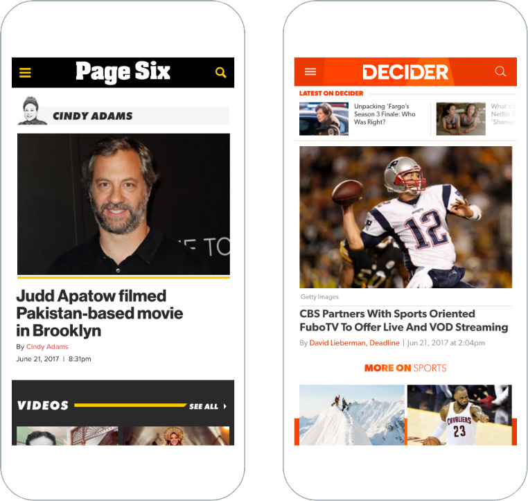 Two phone screens, one showing Page Six site open and the other showing Decider site