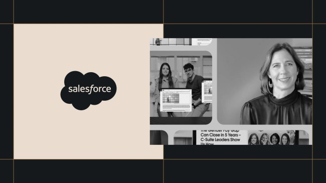Split-screen visual featuring the Salesforce logo on a beige background to the left, and black-and-white photos on the right showing people using digital tools and a woman smiling on a video call. The layout includes a grid design with dark and gold accent lines.