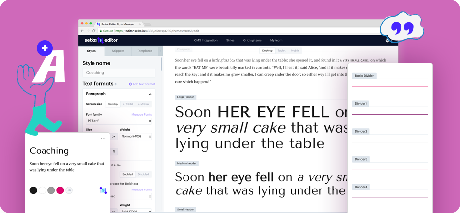 Computer tab showcasing how Setka editor functions on text blocks.