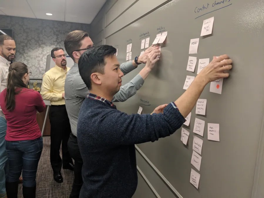 Five 10 up team members in a work session hanging pink post-its against a wall