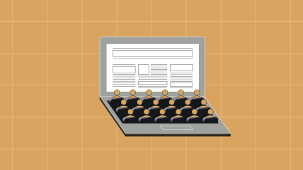 Illustration of a laptop with a webpage displayed on its screen and rows of stylized audience figures seated on the keyboard, representing a digital audience engaging with online content. The background features a warm-toned grid pattern.