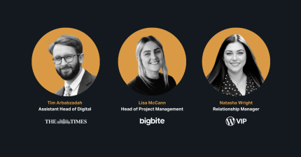 Three staff portraits with names, job titles, and WordPress VIP logos for team publishing workflows.