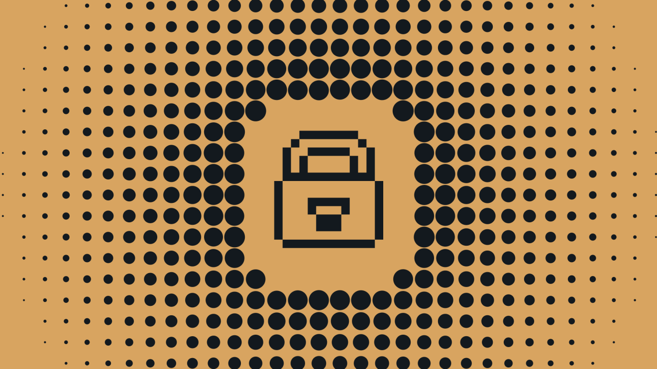 Pixelated lock icon centered on a background of evenly spaced black dots on a tan backdrop, symbolizing secure WordPress hosting.