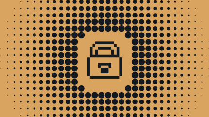 Pixelated lock icon centered on a background of evenly spaced black dots on a tan backdrop, symbolizing secure WordPress hosting.