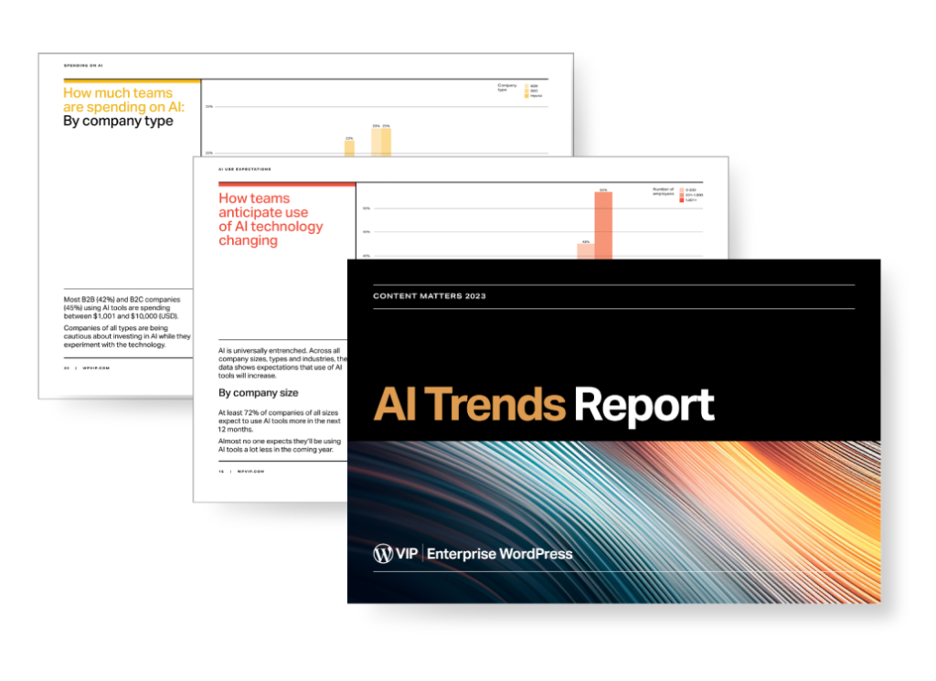 Three slides with analytics charts on business AI trends for digital solution content and performance insights.