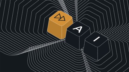 Abstract illustration of computer keys, including one with the letters “AI” and another with a fast forward symbol, set against a background of layered geometric line patterns suggesting depth and digital complexity.