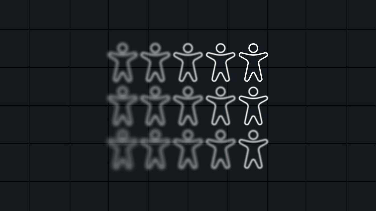 Grid of simplified human outline icons arranged in rows, with the figures on the left blurred and gradually becoming sharp and clear toward the right, illustrating accessibility tools comparison and evaluation in an enterprise context.