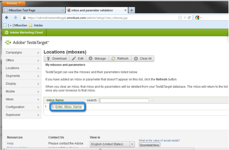 Adobe Target Dashboard showing mbox management interface for A/B testing and personalization.