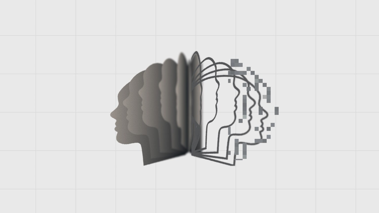 Multiple overlapping human profiles transition from solid to pixelated outlines, symbolizing agent experience in content operations and digital transformation.