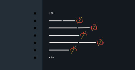 Abstract art graphic showing code lines & bot icons with a slash