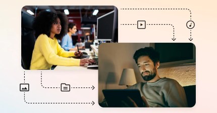 Collaborative editorial workflow: woman edits on desktop, man reviews on tablet with digital solution content integration.