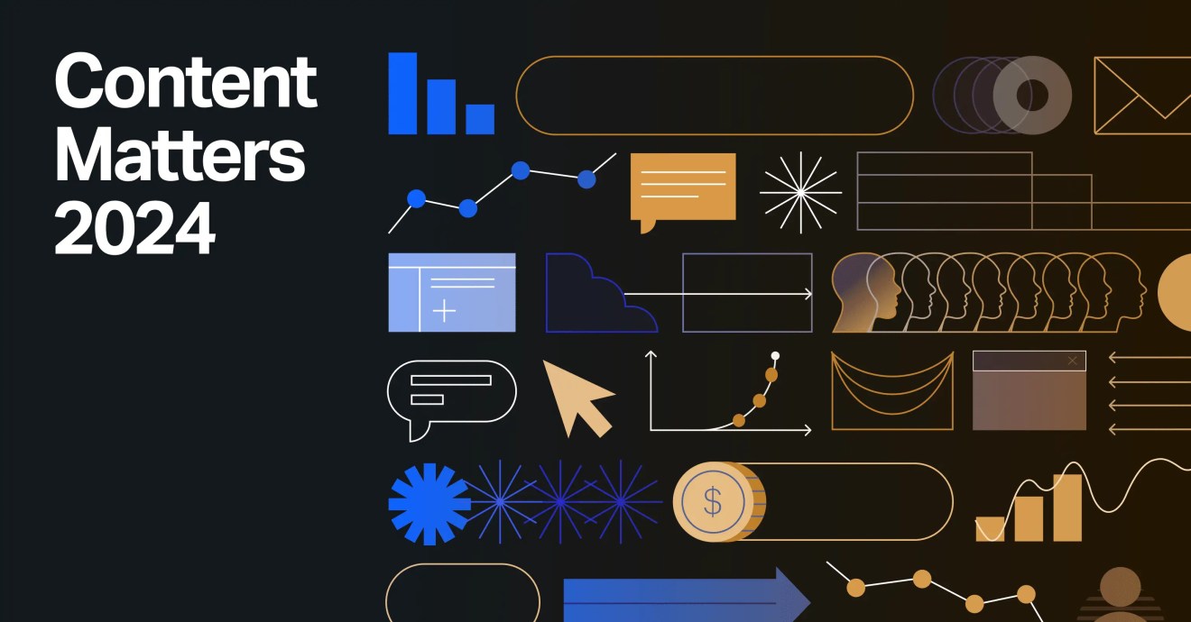 Content Matters 2024 digital solution banner with content analytics icons and data charts on dark background.