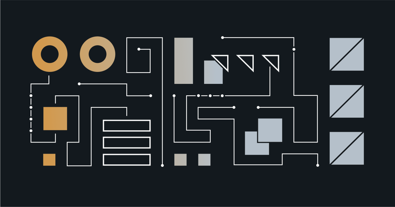 Abstract tan and gray geometric shapes connected by lines, representing digital solution integration or workflow.