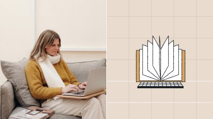 A woman works on a laptop on a couch; next to her is an illustration of an open book on a grid background, symbolizing seamless enterprise content management with a headless CMS.