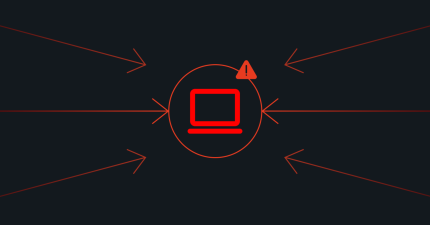 A graphic of a computer that is circled with a warning sign on the top right and arrows pointing at it