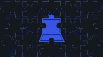 Abstract illustration of interlocking puzzle pieces on a dark background, with one central bright blue puzzle piece shaped like a laptop. The image symbolizes digital systems fitting together and the integration of technology in modernization efforts.