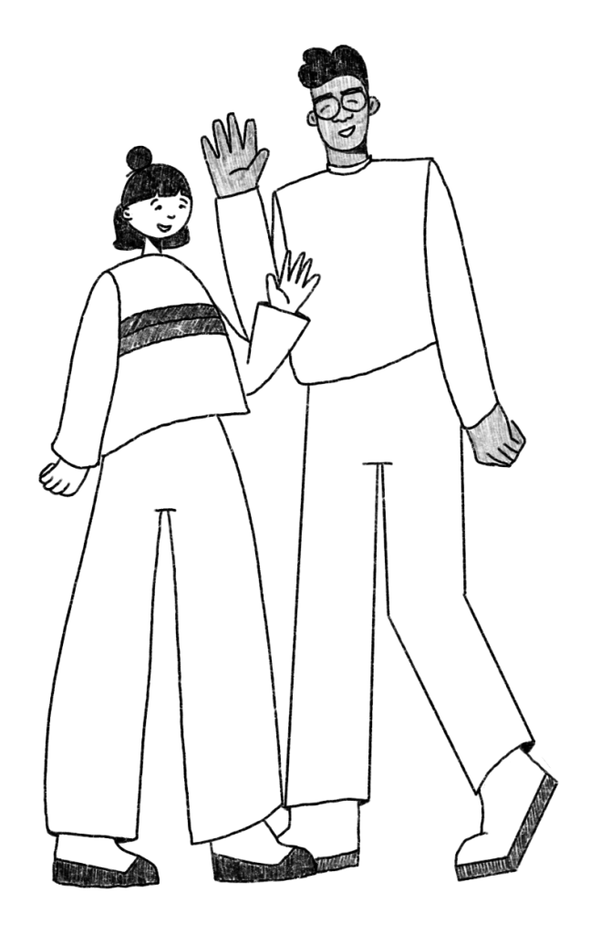 Two people smiling and waving, representing collaboration in a digital solution or publishing workflow.