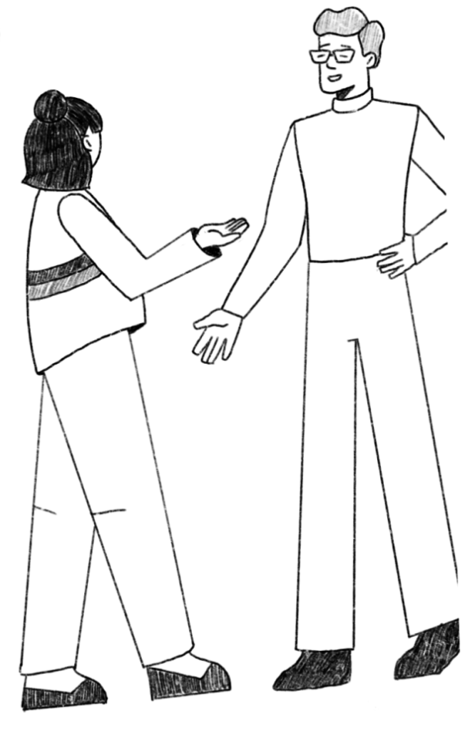 Two people discuss editorial workflow for a digital solution with open, collaborative gestures.