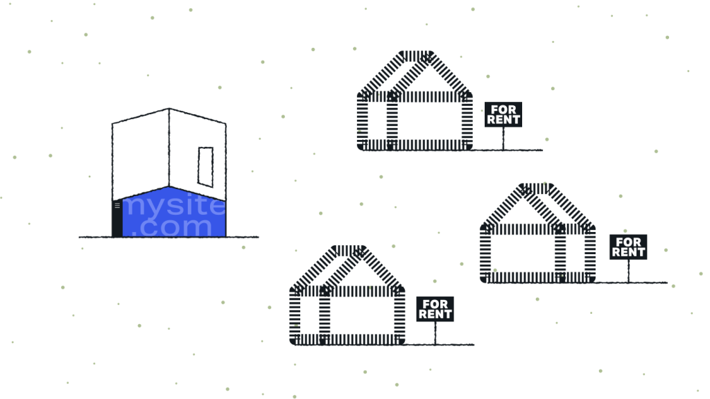 Illustration comparing a single owned website (labeled “mysite.com”) with multiple third-party or paid channels represented as rented houses with “For Rent” signs, visualizing how a website compares to external platforms in marketing effectiveness.