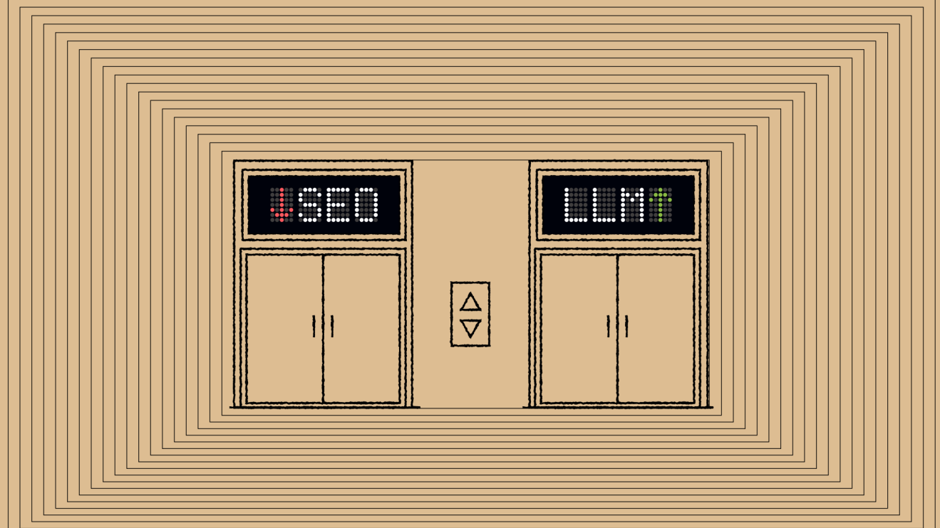Two side-by-side elevator doors labeled with digital dot-matrix screens above them. The left screen reads “SEO” with a red downward arrow, and the right screen reads “LLM↑” with a green upward arrow. Both elevators sit centered in a stylized beige hallway with concentric rectangular linework radiating outward, creating a tunnel-like visual effect. Between the doors is a simple up/down elevator button panel.