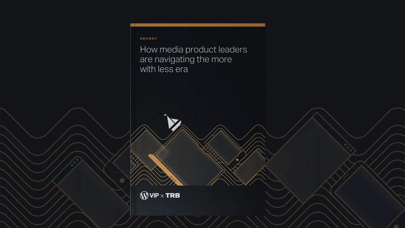 Cover of a report titled “How media product leaders are navigating the more with less era,” created by WordPress VIP in collaboration with TRB. The design features a minimal black and gold theme with a stylized sailboat navigating waves made from outlines of digital devices like smartphones, tablets, and laptops.