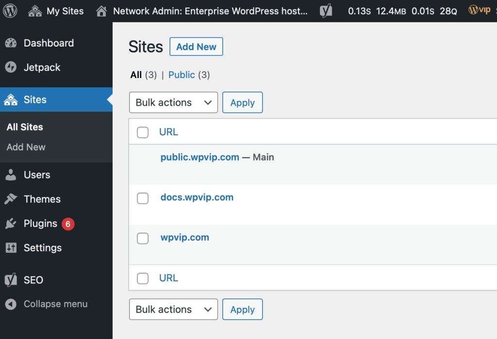 A screenshot of the "Sites" tab from the WordPress VIP platform