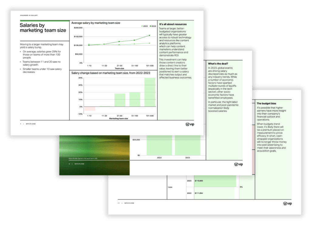 Dashboard slides showing marketing team salary and size analytics for a digital solution, 2022–2023 data.