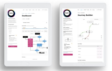 Two tablets showing digital solution dashboard and workflow builder interfaces with flowchart diagrams.