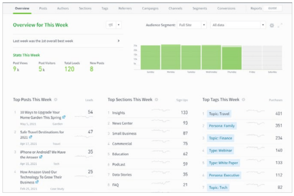 Analytics dashboard in a digital solution showing weekly content stats, top posts, leads, tags, and audience trends.