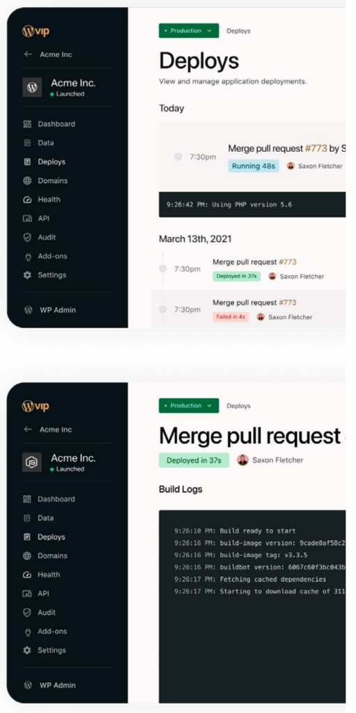 Deploys and pull requests in the VIP Dashboard