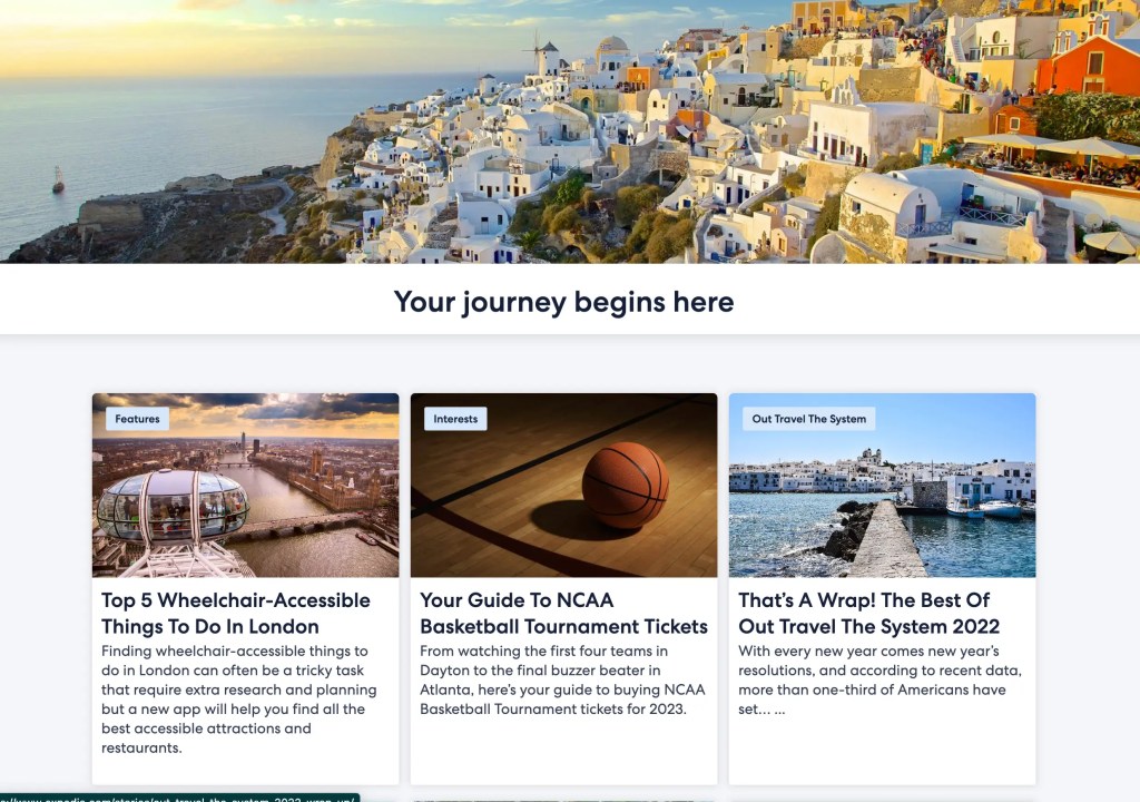 Travel content dashboard on a digital solution displaying featured articles and scenic destination images.