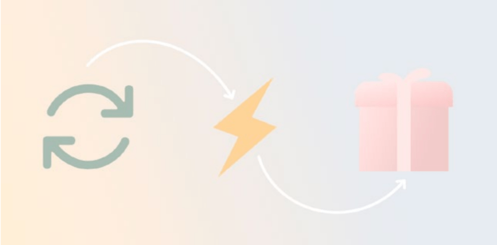 Curved arrows, lightning bolt, and gift box illustrating digital solution content integration workflow.