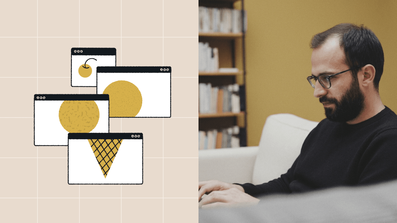 Illustration of modular browser windows with interchangeable elements, representing enterprise CMS personalization, alongside a person working on a laptop to symbolize engagement and content customization.