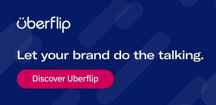 dark blue banner reading 'Uberflip, let your brand do the talking' and a dark reddish pink button stating 'Discover Uberflip'