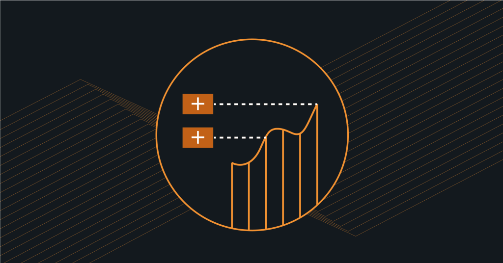 Rising analytics bar graph with plus signs and arrows representing digital solution performance improvement.