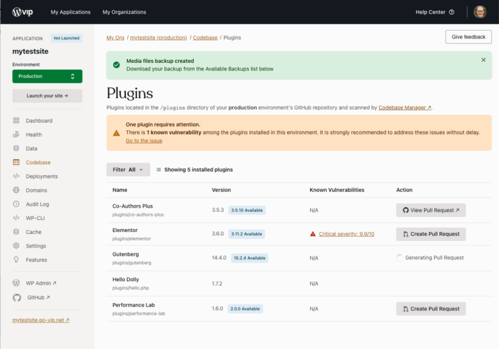 Plugins page in WordPress VIP dashboard